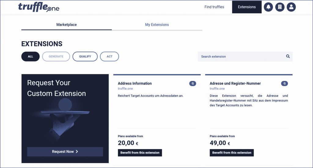 Upselling mit Account Based Marketing: Screenshot mit kostenpflichtigen Erweiterungen der Plattform truffle.one